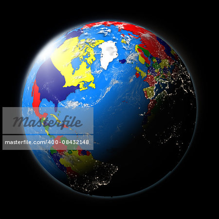 Northern hemisphere with countries on planet Earth isolated on black background.