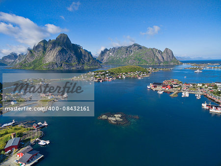 Breathtaking aerial view of fishing town Reine on Lofoten islands, popular tourist destination in Norway