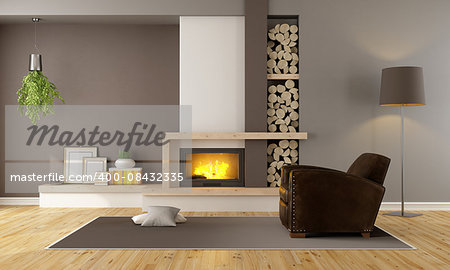 Brown lounge with minimalist  fireplace and vintage armchair - 3D Rendering