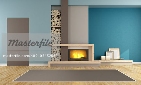 Blue and brown contemporary living room with fireplace and closed door - 3D Rendering