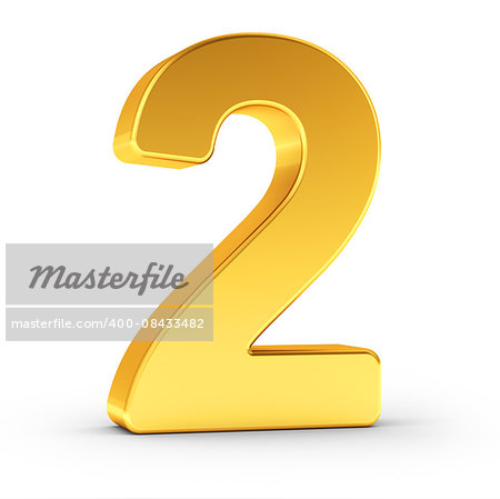 The number two as a polished golden object over white background with clipping path for quick and accurate isolation.
