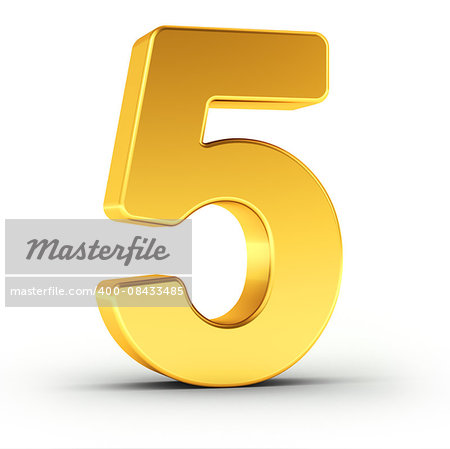 The number five as a polished golden object over white background with clipping path for quick and accurate isolation.