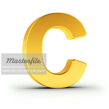 The Letter C as a polished golden object over white background with clipping path for quick and accurate isolation.