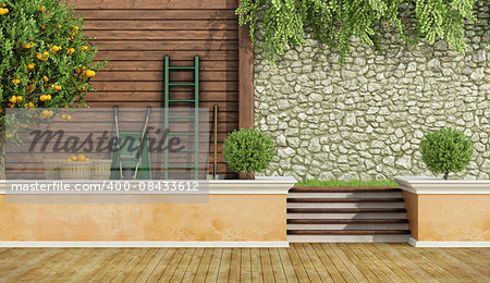 Garden in country style with garden tools and orange tree 3D Rendering