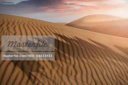 shadows of a camel caravan on desert sand dunes in the evening