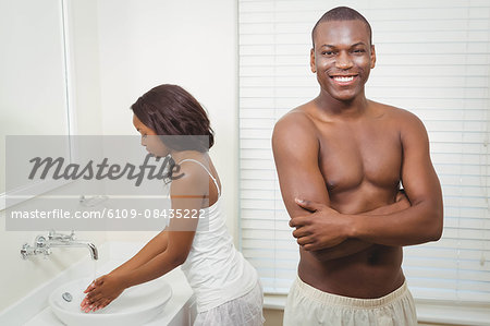 Cute couple in the morning in the bathroom