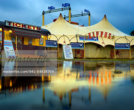Circus big top tent in a flooded field, Stonehaven, United Kingdom, Europe