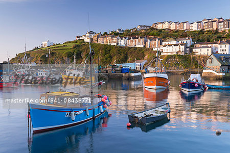 Cornish fishing boats in Mevagissey harbour at sunrise, Cornwall, England, United Kingdom, Europe