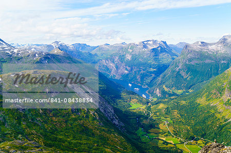 View of Geiranger and Geirangerfjord, UNESCO World Heritage Site, from the summit of Mount Dalsnibba, 1497m, Norway, Scandinavia, Europe