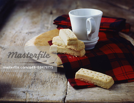 Luxury Scottish all butter shortbread fingers on tartan tea towel