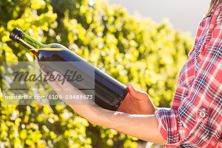Woman holding bottle of red wine in the grape fields