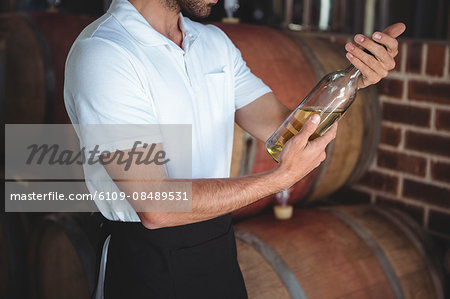 Winemaker examining bottle of white wine at the winefarm Winemaker examining bottle of white wine at the winefarm