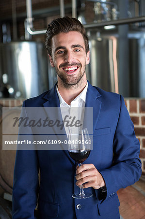 Well dressed man examining glass of wine at winefarm