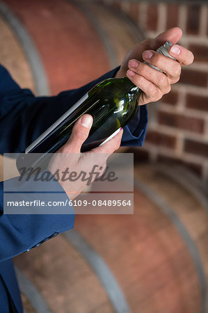 Well dressed man examining bottle of wine at winefarm Well dressed man examining bottle of wine at winefarm