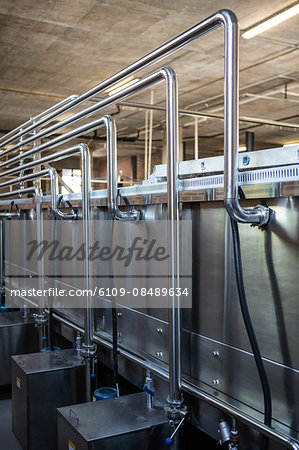 View of large vats in a distillery