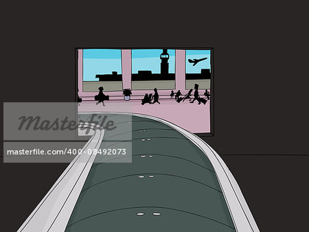Point of view of empty conveyer belt in crowded airport