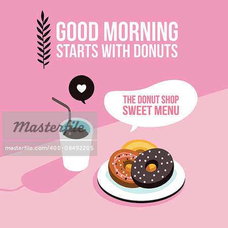 Perfect breakfast Donuts Coffee background Modern flat isometric design style Vector illustration