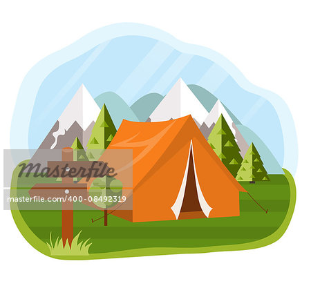 Vector flat illustration camping. Nature background with grass, forest, mountains and hills. Outdoor activities. Tent and pointer