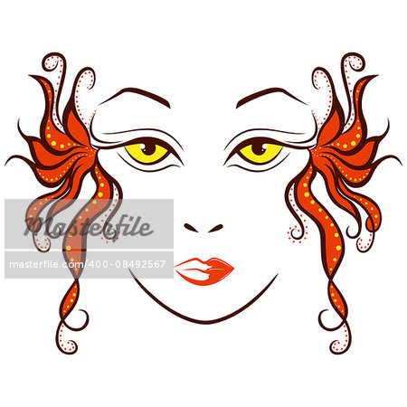Abstract colourful women face with ornamental stylized locks, hand drawing vector illustration