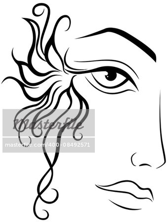 Part of abstract black and white women face, hand drawing vector outline artwork