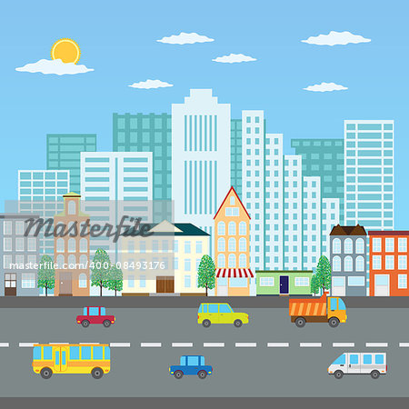View of a city in the summer and road with cars. Also available as a Vector in Adobe illustrator EPS 8 format, compressed in a zip file.