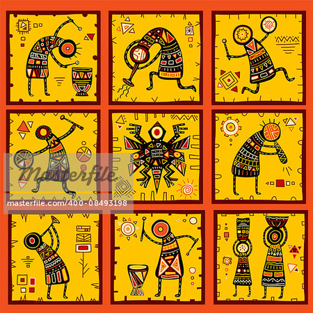 Collection of 9 patterns with African ethnic patterns of yellow, orange, black and red color