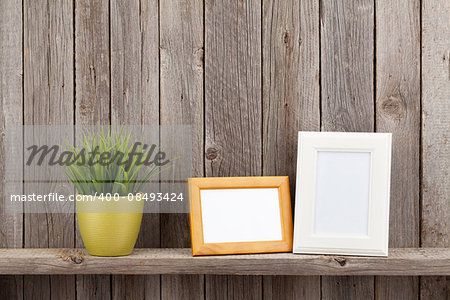 Blank photo frames and plant on shelf in front of wooden wall