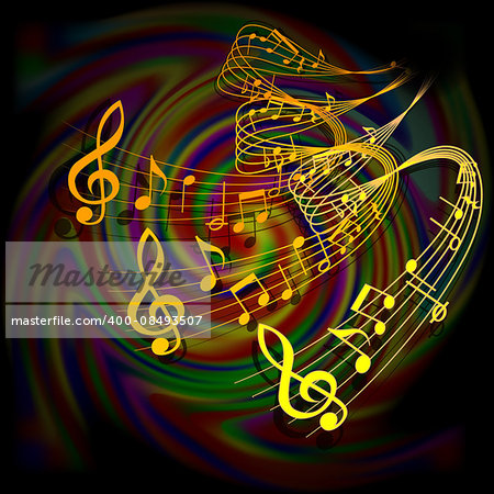 Vector illustration of musical background waves musical notes on a colored background.