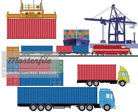Containers by truck and container ship at the industrial port terminal