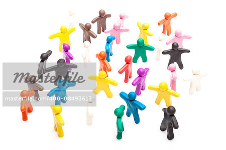 Crowd group of colourful plasticine humans on the white.