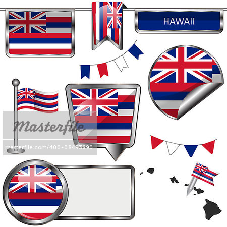 Vector glossy icons of flag of state Hawaii on white