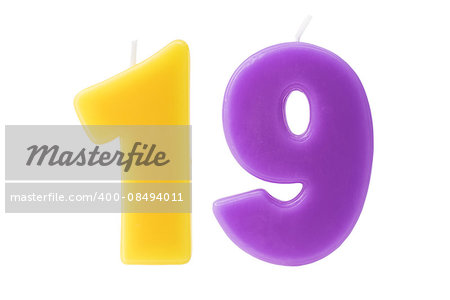 Colorful birthday candles in the form of the number nineteen on white background