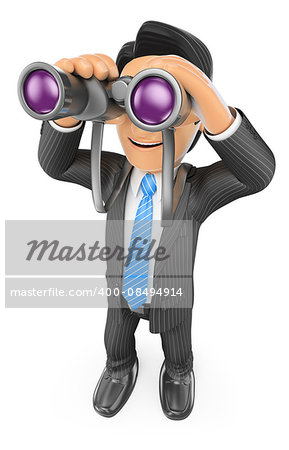 3d business people. Businessman looking through binoculars. Visionary. Isolated white background.