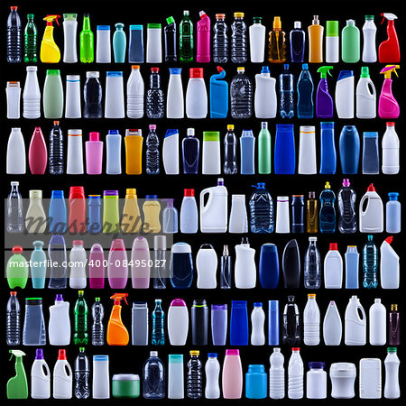 Large set of plastic bottles isolated on black - the waste we produce