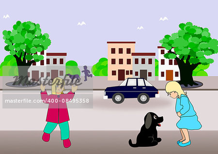 A street with children and dogs, trees, houses, and a car.