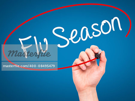 Man Hand writing  Flu Season with black marker on visual screen.  Business, technology, internet concept. Stock Photo