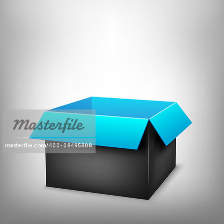 3D black outside blue inside open paper package on light white mesh background