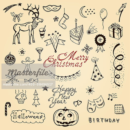 Vector christmas doodle set. Cafe brochure menu design elements. Vector holiday with xmas hand-drawn graphic. Happy New Year invitation
