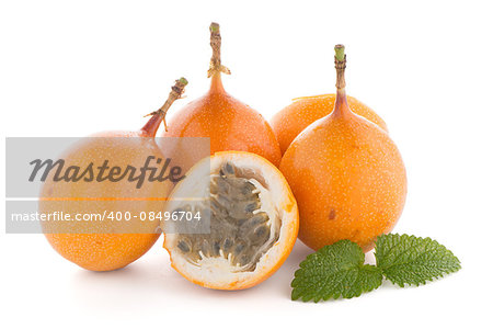 Passion fruit maracuja granadilla on white background.