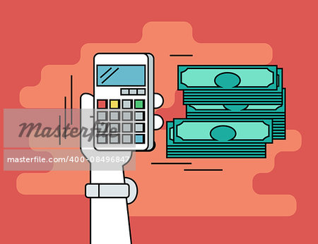 Pay per click. Flat line contour illustration of calculating money using smartphone on red background