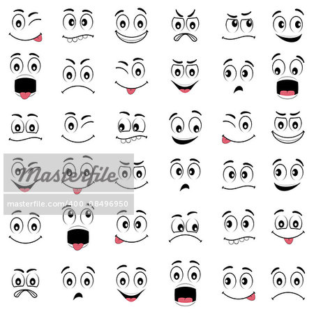 Cartoon faces with different expressions, featuring the eyes and mouth, design elements on white background. Also available as a Vector in Adobe illustrator EPS 8 format.