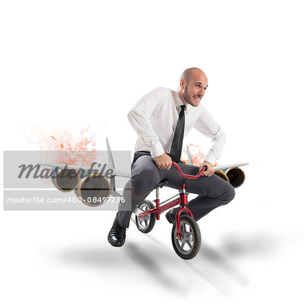 Businessman with bicycle with the aircraft turbines