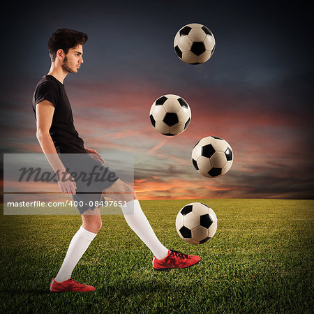 Teenage soccer player dribbling with four soccerball