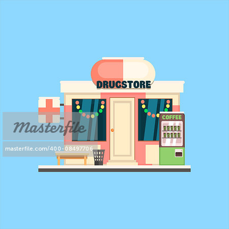 Drugstore Front in Christmas. Flat Vector Illustration