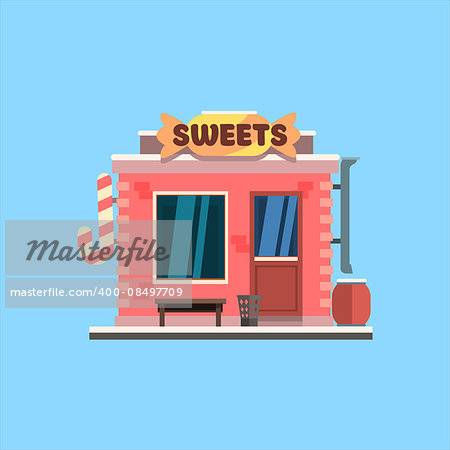 Candy Shop Front window buildings. Flat Vector Illustration