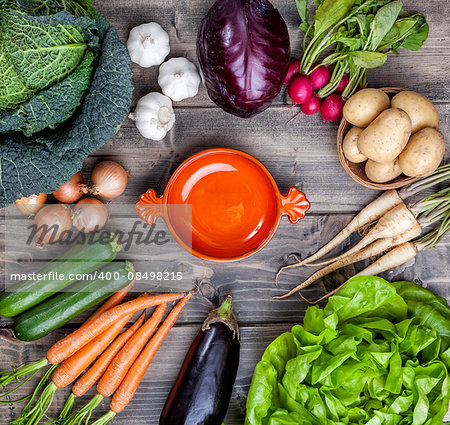 Fresh and organic bio vegetables on a wooden background