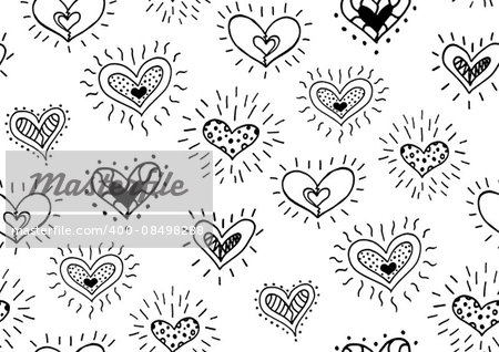 Seamless pattern with the hand drawn ink doodle hearts. Pattern in the swatches panel.