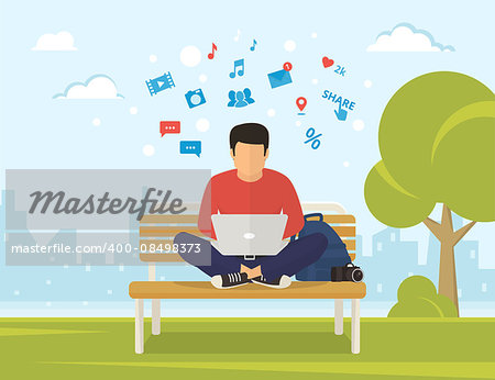 Young man sitting in the park on the bench and working with laptop. Flat modern illustration of social networking and texting to friends