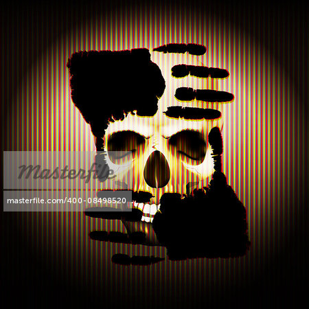 Vector illustration of a palm of the hand against the background of a skull in the texture of the strips. Warning sign