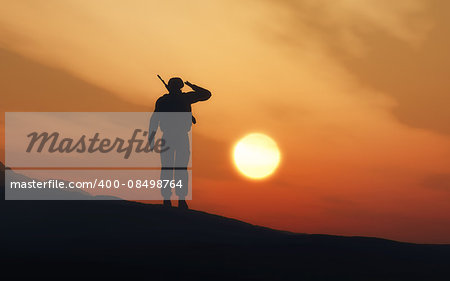 3D render of a silhouette of a soldier saluting against a sunset sky